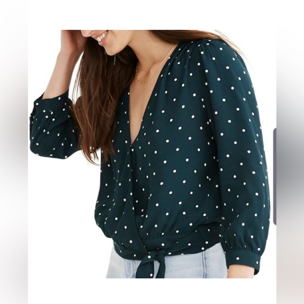 Madewell Polka Dot Faux Wrap Long Sleeve Blouse in Dark Green • XS
